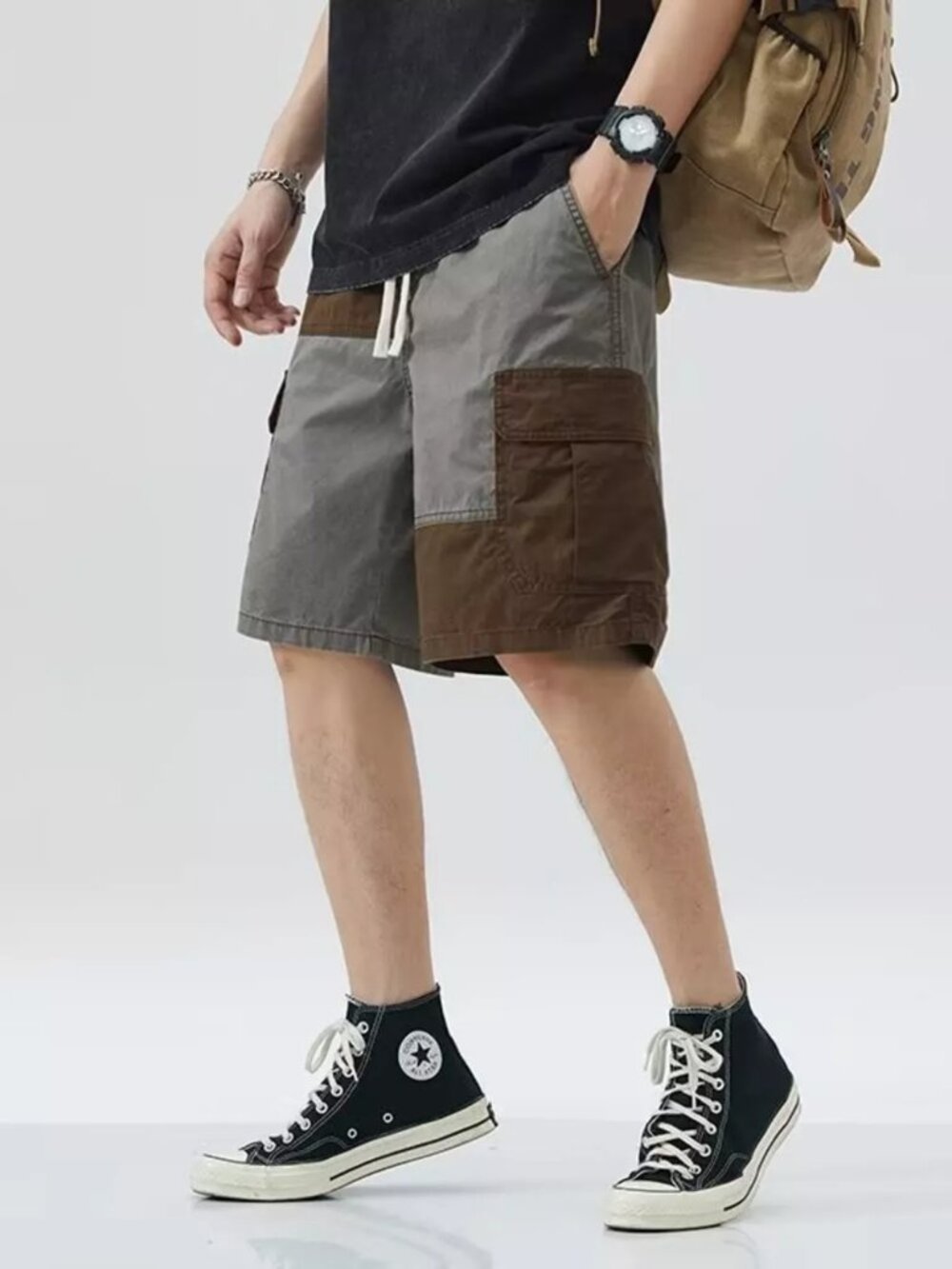 Men's Plus Size Two-Tone Cargo Shorts with Drawstring - Picture 2 of 4